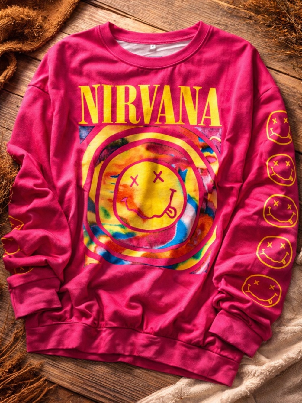 NIRVANA Hot Pink Sweatshirt with Yellow Logo